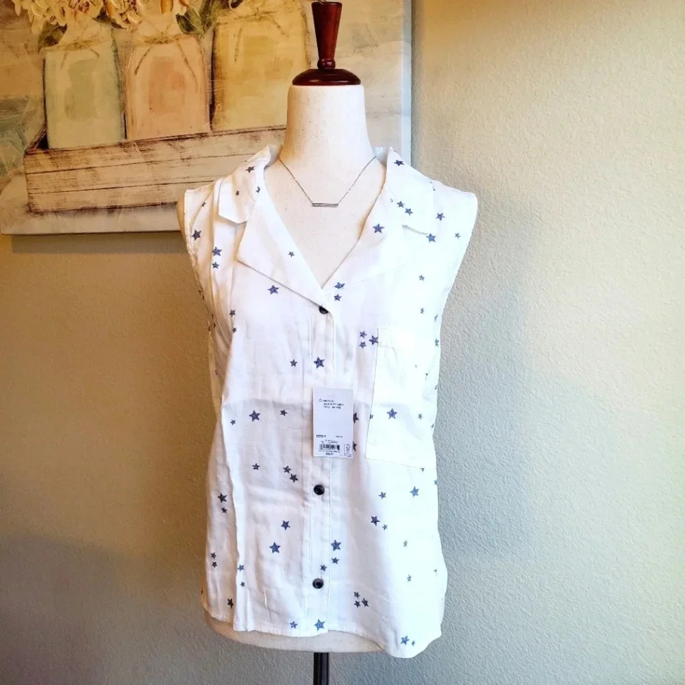 White Sleeveless Top with Blue Stars